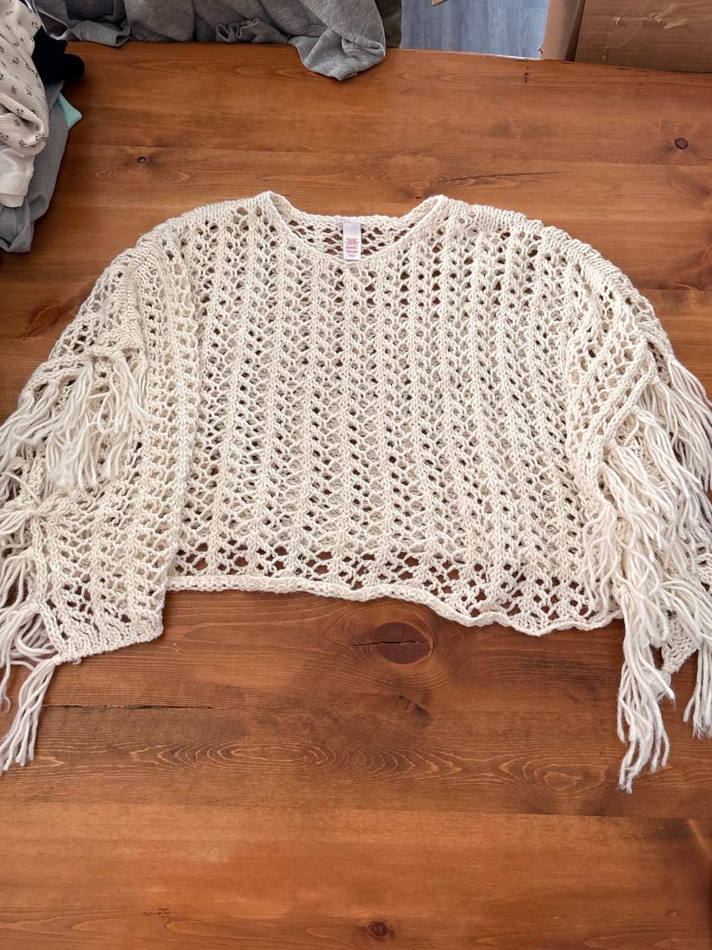 Justice Cream Open-Knit Fringe Poncho Shrug